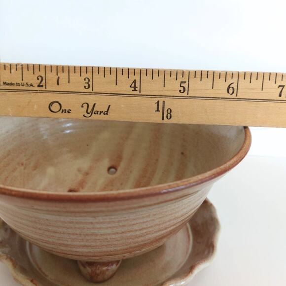 Handmade Ceramic Berry Bowl Drains with Saucer Signed by Artist Cottagecore - Picture 6 of 11